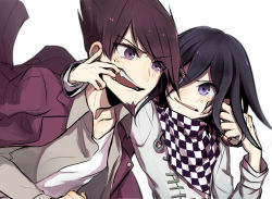 Rule 34 | 2boys, anger vein, black hair, checkered clothes, checkered neckwear, checkered scarf, collarbone, commentary request, danganronpa (series), danganronpa v3: killing harmony, facial hair, fangs, finger in another&#039;s mouth, grey jacket, grey shirt, hair between eyes, hand on another&#039;s face, jacket, kitsunebi v3kokonn, long sleeves, looking at another, male focus, momota kaito, multiple boys, open clothes, open mouth, open shirt, oma kokichi, pink jacket, purple eyes, scarf, shirt, short hair, simple background, teeth, upper body