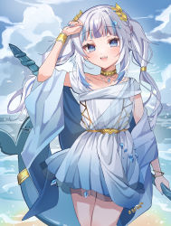 Rule 34 | 1girl, :d, absurdres, beach, blue eyes, blue nails, bracelet, cowboy shot, day, dress, fang, fins, fish tail, gawr gura, gawr gura (party dress), gradient dress, grey hair, hair ornament, highres, hololive, hololive english, jewelry, long hair, looking at viewer, nail polish, official alternate costume, open mouth, outdoors, polearm, sakuta., shark girl, shark tail, shawl, smile, solo, stitches, tail, twintails, virtual youtuber, weapon, white dress