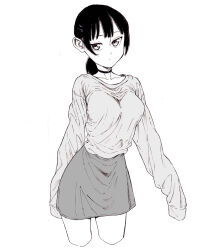 Rule 34 | 1girl, absurdres, bad id, bad pixiv id, black choker, black hair, choker, collarbone, dende (dndn222), greyscale, hair behind ear, highres, long sleeves, monochrome, original, ponytail, scan, scan artifacts, shirt, skirt, sleeves past wrists, solo, standing, thighs, traditional media