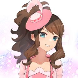 Rule 34 | 1girl, brown hair, collarbone, commentary, creatures (company), dress, eyelashes, game freak, green eyes, grin, hat, high ponytail, highres, hilda (pokemon), hilda (special costume) (pokemon), hsin, long hair, looking at viewer, nintendo, official alternate costume, pink hat, pokemon, pokemon masters ex, sidelocks, smile, solo, teeth, upper body