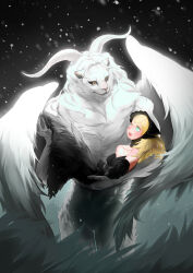 Rule 34 | 1girl, 1other, a gold ajin, absurdres, aqua eyes, black dress, black gloves, blonde hair, bonnet, breasts, carrying, chinese commentary, cleavage, collarbone, commentary request, dark persona, demon, dress, dungeon meshi, elbow gloves, feathered wings, gloves, highres, horns, impossible clothes, impossible dress, long dress, long hair, looking at another, mane, marcille donato, medium breasts, monster, official alternate costume, one eye closed, princess carry, size difference, snout, strapless, strapless dress, vertical pupils, white fur, white hair, white wings, winged lion (dungeon meshi), wings, yellow eyes