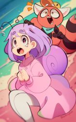 Rule 34 | 1girl, animal, animal on back, antennae, artist name, black eyes, blue sky, blurry, blurry foreground, darklephise, dress, gradient eyes, highres, mole, mole under eye, multicolored eyes, open mouth, orange eyes, own hands together, pink dress, purple eyes, purple hair, raccoon, short hair, single tear, sky, snail girl, snail shell, snailchan, snails house, surprised, thighhighs, tumblr username, white thighhighs