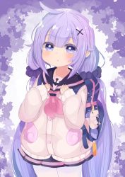 Rule 34 | 1girl, absurdres, ahoge, azur lane, backpack, bag, commentary request, hair ornament, highres, long hair, looking at viewer, low twintails, pantyhose, parted lips, pleated skirt, purple eyes, purple hair, school bag, school uniform, serafuku, signature, simple background, skirt, solo, ssammu, stuffed animal, stuffed toy, sweater, twintails, unicorn (long-awaited date) (azur lane), unicorn (azur lane), white pantyhose, winged unicorn, x hair ornament