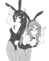 Rule 34 | 10s, 2girls, alternate costume, animal ears, ass, bare shoulders, black leotard, blush stickers, bow, bowtie, breasts, cleavage, detached collar, fake animal ears, fishnet pantyhose, fishnets, frown, futaba rio, glasses, greyscale, hair ornament, hairclip, highres, large breasts, leaning forward, leotard, looking at viewer, looking back, medium breasts, monochrome, multiple girls, pantyhose, playboy bunny, rabbit ears, rabbit hair ornament, rabbit pose, rabbit tail, sakurajima mai, seishun buta yarou, shiny clothes, simple background, smile, tail, thigh gap, ueyama michirou, white background, wrist cuffs