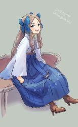 Rule 34 | 1girl, anchor, asakaze (kancolle), blue bow, blue eyes, blue hakama, boots, bow, brown footwear, chair, cross-laced footwear, dated, forehead, full body, grey background, hair bow, hakama, hakama skirt, highres, japanese clothes, kantai collection, karashi (tou gara shi), kimono, lace-up boots, light brown hair, long hair, looking at viewer, meiji schoolgirl uniform, open mouth, parted bangs, simple background, sitting, skirt, smile, solo, teeth, twitter username, upper teeth only, wavy hair, white kimono