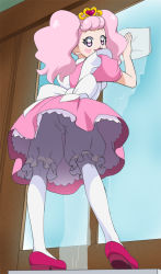 Rule 34 | 1girl, bloomers, go! princess precure, haruyama kazunori, heart, heart-shaped pupils, looking at viewer, looking back, maid, pantyhose, personification, pink eyes, pink hair, pink skirt, precure, puff (go! princess precure), puff (go! princess precure) (human), skirt, solo, symbol-shaped pupils, twintails, underwear, upskirt, white bloomers, white pantyhose