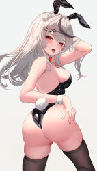 Rule 34 | 1girl, 339 akano, animal ears, ass, bare shoulders, black hair, black leotard, black thighhighs, blush, bow, bowtie, breasts, cleavage, commentary request, detached collar, ear piercing, fake animal ears, grey hair, hair ornament, highleg, highleg leotard, highres, hololive, large breasts, leotard, long hair, looking at viewer, multicolored hair, open mouth, piercing, playboy bunny, rabbit ears, rabbit tail, red bow, red bowtie, red eyes, sakamata chloe, smile, solo, strapless, strapless leotard, streaked hair, tail, thighhighs, tongue, tongue out, virtual youtuber, white background, wrist cuffs, x hair ornament
