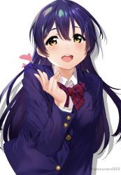 Rule 34 | 1girl, absurdres, blowing kiss, blue hair, blue jacket, blush, bow, bowtie, heart, highres, jacket, long hair, long sleeves, looking at viewer, love live!, love live! school idol project, nakano maru, open mouth, otonokizaka school uniform, school uniform, simple background, solo, sonoda umi, striped bow, striped bowtie, striped clothes, swept bangs, white background, winter uniform, yellow eyes