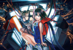 Rule 34 | 1girl, bare shoulders, black hair, blue eyes, computer, crt, dress, flat chest, highres, legs, lips, monitor, original, parted lips, power strip, shoes, short hair, sitting, smile, sneakers, solo, television, wada (zes16)