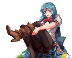 Rule 34 | 1girl, black pantyhose, blue hair, blue skirt, blush, boots, bow, brown footwear, cross-laced footwear, hair between eyes, high heel boots, high heels, hinanawi tenshi, knee boots, lace-up boots, leaning back, leg up, long hair, no headwear, pantyhose, parted lips, puffy short sleeves, puffy sleeves, putting on shoes, red eyes, ruukii drift, shirt, shoes, short sleeves, simple background, single shoe, skirt, solo, thighband pantyhose, thighs, touhou, very long hair, white background, white shirt