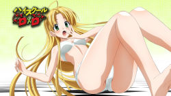 Rule 34 | 10s, 1girl, ahoge, asia argento, barefoot, blonde hair, bra, covering own mouth, eyecatch, feet, gradient background, green eyes, hand over own mouth, high school dxd, highres, long hair, official art, open mouth, panties, screencap, solo, underwear, underwear only, white bra, white panties