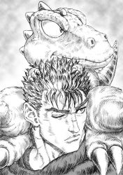 Rule 34 | 2boys, absurdres, berserk, black hair, claws, crossover, dinosaur, dinosaur tail, gon (gon), gon (manga), greyscale, guts (berserk), highres, looking to the side, mad sharpen, male focus, monochrome, multicolored hair, multiple boys, one eye closed, scar, scar on face, scar on nose, short hair, spiked hair, standing, standing on shoulder, streaked hair, tail