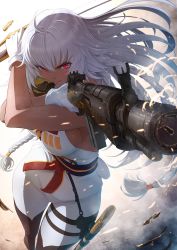 Rule 34 | 1girl, aiming, bare shoulders, battle rifle, boots, braid, breasts, cartridge, commentary, dark-skinned female, dark skin, engraved, fate/grand order, fate (series), finger on trigger, frown, gloves, glowing, glowing eyes, gun, hair between eyes, highres, holding, holding sword, holding weapon, imizu (nitro unknown), lakshmibai (fate), long hair, looking at viewer, m14, red eyes, rifle, sheath, sideboob, simple background, skin tight, sleeveless, solo, sparks, sword, tan, thigh boots, thighhighs, twin braids, very long hair, weapon, white background, white gloves, white hair
