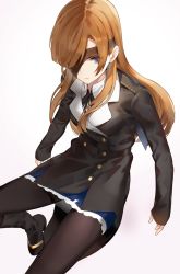 Rule 34 | 1girl, blue eyes, coat, commentary request, eyepatch, fate/grand order, fate (series), hair over one eye, high heels, kfr, long hair, long sleeves, one eye covered, open mouth, ophelia phamrsolone, orange hair, pantyhose, shadow, sitting, skirt, sleeves past wrists, solo, white background