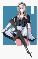 Rule 34 | 1girl, absurdres, alternate costume, an-94, an-94 (girls&#039; frontline), apron, arm behind back, assault rifle, blonde hair, blue eyes, breasts, closed mouth, clothes lift, cropped legs, defy (girls&#039; frontline), dress, dress lift, enmaided, girls&#039; frontline, gskittles, gun, hair ornament, hairclip, highres, holding, holding gun, holding weapon, long hair, looking at viewer, maid, maid headdress, rifle, simple background, small breasts, solo, standing, weapon, white apron