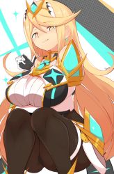 Rule 34 | 1girl, bare shoulders, black pantyhose, blonde hair, blush, breasts, chest jewel, clothing cutout, dress, earrings, elbow gloves, gloves, highres, jellcaps, jewelry, large breasts, long hair, looking at viewer, mythra (massive melee) (xenoblade), mythra (xenoblade), nintendo, pantyhose, short dress, smile, solo, squatting, super smash bros., swept bangs, thigh strap, thighs, tiara, very long hair, white dress, white footwear, white gloves, xenoblade chronicles (series), xenoblade chronicles 2, yellow eyes