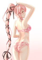 Rule 34 | 1girl, absurdres, ass, black ribbon, blush, bra, breasts, brown eyes, closed mouth, cowboy shot, floral print, from behind, gradient background, hair ribbon, high ponytail, highres, kantai collection, long hair, looking at viewer, looking back, medium breasts, panties, pink bra, pink hair, print bra, print panties, ribbon, rose print, sideboob, sidelocks, smile, solo, strap slip, underwear, underwear only, very long hair, white background, yura (kancolle), zuki