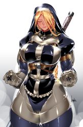 Rule 34 | 1girl, armor, blonde hair, bodysuit, bowalia, breasts, clenched hands, covered erect nipples, covered navel, cross, closed eyes, fantasy, gloves, grey gloves, habit, hair over one eye, huge breasts, huge weapon, impossible clothes, jewelry, juliet sleeves, lipstick, long braid, long sleeves, makeup, muscular, muscular female, nun, original, pauldrons, puffy sleeves, ring, shoulder armor, skin tight, solo, tan, thick thighs, thighs, weapon, weapon on back, wide hips