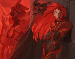 Rule 34 | 1boy, against wall, armor, covered navel, crossed arms, highres, id (xenogears), long hair, mecha, profile, red armor, red hair, red theme, robot, standing, very long hair, xenogears
