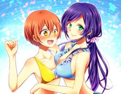 Rule 34 | 10s, 2girls, :d, aqua eyes, asymmetrical docking, bare shoulders, blush, breast envy, breast press, breast rest, breasts, brown eyes, brown hair, clenched hand, collarbone, fang, hoshizora rin, large breasts, long hair, looking at viewer, love live!, love live! school idol project, multiple girls, nagura ata, open mouth, purple hair, short hair, smile, sweatdrop, tojo nozomi, twintails