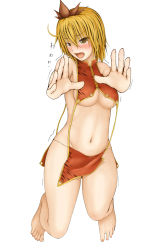 Rule 34 | 1girl, @ @, barefoot, blonde hair, breasts, china dress, chinese clothes, clothing cutout, cookin, dress, fang, foreshortening, highres, loincloth, navel, navel cutout, revealing clothes, side cutout, simple background, solo, toes, toramaru shou, touhou, trembling, underboob, yellow eyes