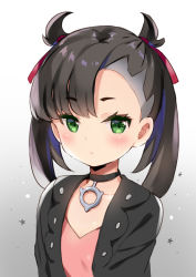 Rule 34 | 1girl, asymmetrical bangs, black choker, black hair, black jacket, blush, choker, closed mouth, collarbone, commentary request, creatures (company), dress, game freak, gradient background, green eyes, grey background, hair ribbon, jacket, looking at viewer, marnie (pokemon), natsume eri, nintendo, open clothes, open jacket, pink dress, pokemon, pokemon swsh, red ribbon, ribbon, solo, twintails, upper body, white background