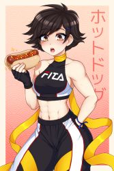 Rule 34 | abs, alternate costume, black hair, breasts, dojipan, eating, hair ornament, hairpin, hand in pocket, hot dog, ketchup, makoto (street fighter), medium breasts, mustard, navel, pants, pink background, scarf, short hair, solo, sparkle, sports bra, street fighter, street fighter iii (series), sweatpants, wristband, yellow eyes, yellow scarf