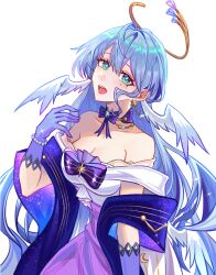 Rule 34 | 1girl, :d, bare shoulders, bead bracelet, beads, blue hair, bow, bracelet, breasts, bright pupils, cleavage, commentary request, dress, gloves, green eyes, head wings, honkai: star rail, honkai (series), jewelry, long hair, looking at viewer, medium breasts, off-shoulder dress, off shoulder, official alternate costume, open mouth, purple bow, purple dress, purple gloves, revision, robin (honkai: star rail), shawl, short sleeves, simple background, smile, solo, two-tone dress, upper body, very long hair, white background, white dress, wings, zeth (907jj980)