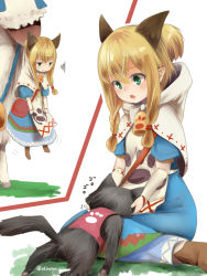 Rule 34 | 1girl, akino shuu, alpaca, animal, animal ears, bell, black cat, blonde hair, blue dress, blush, boots, braid, brown footwear, capelet, cat, cat ears, closed mouth, clothed animal, commentary request, cowbell, dress, elbow gloves, extra ears, gloves, green eyes, hair between eyes, hood, hood down, hooded capelet, long hair, meowstress, monster hunter, monster hunter (series), monster hunter x, open mouth, palico, pointy ears, ponytail, puffy short sleeves, puffy sleeves, short sleeves, side braid, sidelocks, single braid, squiggle, white capelet, white gloves