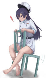 Rule 34 | !, 1girl, absurdres, aisumegane, bambietta basterbine, barefoot, belt, black belt, black eyes, black hair, bleach, bleach: sennen kessen-hen, breasts, commentary, doyagao, eyelashes, feet, full body, hair between eyes, hat, highres, holding chair, jacket, knees apart feet together, large breasts, legs, light blush, long hair, long sleeves, looking down, military hat, military uniform, miniskirt, motion lines, nose, on chair, parted lips, pleated skirt, shaking, simple background, sitting, sitting backwards, skirt, sleeves rolled up, smug, solo, surprised, thighs, toes, uniform, unworn headwear, v-shaped eyebrows, wandenreich uniform, white background, white hat, white jacket, white skirt