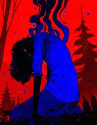 Rule 34 | 1other, arms at sides, forest, head down, house, kneeling, limited palette, looking at viewer, nature, people, red background, star (symbol), what