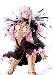 Rule 34 | 1girl, breasts, collarbone, contrapposto, doll, doll joints, eyelashes, frilled sleeves, frills, gluteal fold, hand on own hip, joints, light purple hair, looking to the side, navel, aged up, open clothes, pink eyes, push! (pushmylove), rozen maiden, simple background, solo, standing, suigintou, wide sleeves, wings
