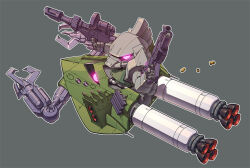 Rule 34 | bigro, chibi, claws, commentary request, dual wielding, finger on trigger, flying, from above, fusion, gelgoog, glowing, glowing eye, grey background, gun, gundam, holding, holding gun, holding weapon, looking at viewer, mobile armor, mobile suit gundam, no humans, one-eyed, pink eyes, science fiction, sd gundam, shell casing, simple background, susagane, thrusters, weapon