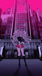 Rule 34 | 1girl, arms behind back, artist name, black footwear, black shirt, boots, building, criis-chan, danganronpa: trigger happy havoc, danganronpa (series), enoshima junko, fence, from behind, knee boots, long hair, miniskirt, outdoors, pink sky, red skirt, school, shirt, skirt, sky, solo, standing, twintails, watermark
