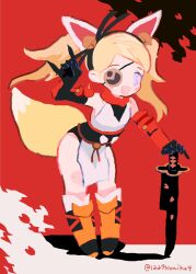 Rule 34 | 1girl, :d, animal ears, bell, black gloves, black hairband, blonde hair, blue eyes, boots, commentary request, elbow gloves, eyepatch, fox ears, fox tail, full body, gloves, hairband, hand on hilt, highres, holding, holding sword, holding weapon, japanese clothes, jingle bell, leaning forward, little noah, long hair, looking at viewer, noah (little noah), noniha, open mouth, orange footwear, red background, smile, solo, standing, sword, tail, twintails, weapon