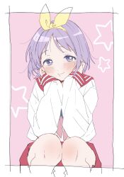 Rule 34 | 1girl, blush, border, bow, commentary request, hairband, half-closed eyes, hands on own cheeks, hands on own face, hands up, highres, hiiragi tsukasa, knees, looking at viewer, lucky star, neckerchief, pink background, pink neckerchief, purple eyes, purple hair, red sailor collar, ryouou school uniform, sailor collar, school uniform, serafuku, short hair, simple background, smile, solo, squatting, star (symbol), white border, yasson yoshiyuki, yellow bow, yellow hairband