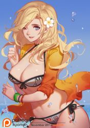 Rule 34 | 1girl, 2016, ;), artist name, bangle, bikini, bikini under clothes, blonde hair, blue background, blue sky, bracelet, breasts, cleavage, cowboy shot, day, eyelashes, floating hair, flower, front-tie bikini top, front-tie top, hair down, hair flower, hair ornament, horizon, jacket, jacket over swimsuit, jewelry, large breasts, long hair, looking at viewer, mercy (overwatch), motion blur, nail polish, navel, no wings, november, ocean, one eye closed, outdoors, overwatch, overwatch 1, parted lips, patreon, patreon username, plumeria, ring, shade, side-tie bikini bottom, sky, sleeves pushed up, smile, solo, songjikyo, stomach, swimsuit, swimsuit under clothes, water, water drop, watermark, wedding band, white bikini, white flower, yellow jacket, yellow nails