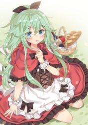 Rule 34 | 10s, 1girl, alcohol, alternate costume, alternate eye color, apple, apron, aqua hair, arm support, basket, black ribbon, blue eyes, bottle, bread, capelet, corset, dress, erika (ym0311), food, fruit, grass, hair between eyes, hair ornament, hairclip, highres, kantai collection, long hair, looking at viewer, open mouth, parted bangs, ponytail, red dress, ribbon, sidelocks, sitting, solo, waist apron, wine, wine bottle, wrist cuffs, yamakaze (kancolle)