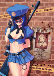 Rule 34 | 1girl, against wall, ahoge, alternate costume, arm behind back, aviator sunglasses, badge, bare shoulders, belt, black gloves, blue hair, blue skirt, bra, braid, breasts, brick wall, buckle, bullet hole, buttons, caitlyn (league of legends), caution tape, choker, cleavage, cleavage cutout, clothing cutout, copyright name, cowboy shot, crop top, cuffs, english text, engrish text, evil grin, evil smile, female focus, fingerless gloves, flat chest, gloves, glowing, glowing eyes, grin, gun, handcuffs, hat, hat tip, highres, jewelry, jinx (league of legends), league of legends, light smile, long hair, looking at viewer, looking over eyewear, looking over glasses, midriff, miniskirt, navel, necklace, necktie, officer caitlyn, pleated skirt, police, police hat, caution tape, police uniform, policewoman, poster (object), puffy short sleeves, puffy sleeves, purple-tinted eyewear, purple-tinted glasses, ranguage, red eyes, rifle, scope, shadow, short sleeves, sideboob, skirt, smile, sniper rifle, solo, standing, star (symbol), studded belt, sunglasses, tienao, tinted eyewear, twin braids, underwear, uniform, wanted, weapon