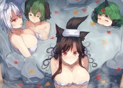 Rule 34 | 4girls, animal ears, autumn leaves, bad id, bad pixiv id, bathing, blush, breast envy, breast rest, breasts, brown hair, cleavage, closed eyes, collarbone, curly hair, flat chest, from above, green eyes, green hair, hair between eyes, hands on own chest, horns, huge breasts, imaizumi kagerou, inubashiri momiji, kasodani kyouko, komano aunn, large breasts, long hair, multiple girls, nose blush, nude, onsen, red eyes, rock, single horn, smile, suminagashi, swept bangs, tail, thick eyebrows, touhou, towel, towel on head, water, white hair, white towel, wolf ears, wolf tail