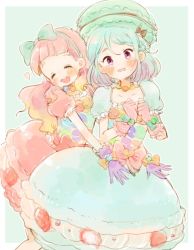 Rule 34 | 10s, 2girls, :d, ^ ^, aikatsu! (series), aikatsu friends!, aqua background, aqua bow, aqua hair, blue dress, blue hair, blunt bangs, blush, bow, braid, clenched hands, closed eyes, dress, food, food-themed clothes, food themed necklace, frilled skirt, frills, gloves, hair bow, hairband, heart, hug, hug from behind, jewelry, light blue dress, light blue hair, long hair, looking at viewer, macaron, macaron hat, medium hair, minato mio, multiple girls, necklace, open mouth, outline, own hands together, pale color, pink dress, pink gloves, pink hair, purple eyes, purple gloves, round teeth, short sleeves, skirt, smile, teeth, uni (u2katsu14), upper teeth only, wavy mouth, white outline, yuki aine