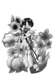 Rule 34 | 1girl, flower, greyscale, monochrome, nashigami tsubute, oversized object, short hair, smile, solo, sunflower