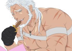 Rule 34 | 1boy, abs, absurdres, bara, bare pectorals, beard, biting, chest harness, cross scar, eating, facial hair, fangs, goshingo1, green eyes, harness, highres, jewelry, kresnik (housamo), large pectorals, long hair, looking at viewer, low ponytail, male focus, mature male, muscular, muscular male, nipples, pectorals, pendant, scar, scar on face, scar on forehead, smile, solo, stomach, tokyo houkago summoners, upper body, white hair