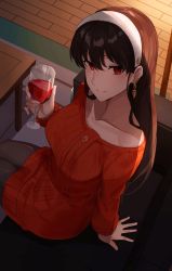 Rule 34 | 1girl, arm support, black hair, black thighhighs, breasts, collarbone, commentary request, cup, dress, drinking glass, earrings, from above, hair between eyes, hairband, highres, holding, holding cup, indoors, jewelry, long hair, long sleeves, looking at viewer, nasubin (nasubisamurai15), off-shoulder sweater, off shoulder, on chair, red dress, red eyes, sitting, smile, solo, spy x family, sunlight, sweater, sweater dress, table, thighhighs, white hairband, wine glass, yor briar
