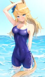 Rule 34 | 1girl, absurdres, animal ears, banpunsik, blonde hair, blue eyes, blue one-piece swimsuit, blue sky, bow, cloud, competition school swimsuit, ear bow, gold city (umamusume), highres, horizon, horse ears, horse girl, horse tail, long hair, looking at viewer, one-piece swimsuit, school swimsuit, sky, solo, standing, swimsuit, tail, tracen swimsuit, umamusume, wading, water, wet, wet clothes, wet swimsuit