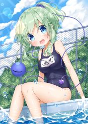 Rule 34 | 1girl, :d, alternate hairstyle, anzu ame, arm support, bare shoulders, blue eyes, blue one-piece swimsuit, blue sky, blush, breasts, chain-link fence, cloud, cloudy sky, commentary request, cowboy shot, day, fence, green hair, heart, komeiji koishi, lens flare, looking at viewer, medium breasts, medium hair, name tag, old school swimsuit, one-piece swimsuit, open mouth, outdoors, ponytail, pool, poolside, school swimsuit, sidelocks, sitting, sky, smile, soaking feet, solo, splashing, swimsuit, third eye, touhou, translated, water, water drop, wet