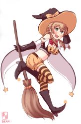 Rule 34 | 1girl, absurdres, alternate costume, aqua eyes, artist logo, black footwear, blonde hair, bloomers, boots, breasts, broom, cape, dated, detached sleeves, full body, gloves, hair between eyes, halloween, hat, highres, kanon (kurogane knights), kantai collection, long hair, looking at viewer, medium breasts, midriff, neck ribbon, prinz eugen (kancolle), pumpkin, pumpkin bra, red ribbon, revealing clothes, ribbon, signature, simple background, solo, striped clothes, striped legwear, striped thighhighs, thighhighs, twintails, underwear, white background, witch hat