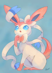 Rule 34 | blue eyes, blush, commentary request, creatures (company), fangs, game freak, gen 6 pokemon, kikuyoshi (tracco), looking up, nintendo, no humans, open mouth, pokemon, pokemon (creature), shiny skin, signature, simple background, solo, sylveon, toes, tongue