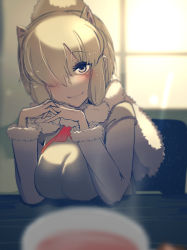 Rule 34 | 10s, 1girl, absurdres, alpaca ears, alpaca suri (kemono friends), animal ears, at2., blonde hair, blurry, blush, breasts, closed mouth, cup, depth of field, hair over one eye, head tilt, highres, horizontal pupils, kemono friends, large breasts, long sleeves, looking at viewer, own hands together, sitting, smile, solo focus, steam, sunlight, teacup, window, yellow eyes