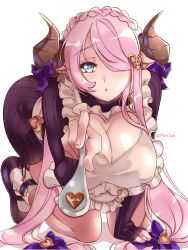 Rule 34 | 1girl, all fours, apron, blush, bow, braid, breasts, candy, chocolate, chocolate heart, cleavage, commentary, crown braid, draph, dress, english commentary, feeding, food, frilled apron, frills, granblue fantasy, hair bow, hair ornament, hair over one eye, heart, heart cutout, heart hair ornament, highres, horn bow, horns, incoming food, large breasts, long hair, low-tied long hair, mary janes, mr-poritan, narmaya (granblue fantasy), pink hair, pointy ears, ribbed sweater, shoes, simple background, sleeves past wrists, solo, spoon, sweater, sweater dress, twitter username, very long hair, white background